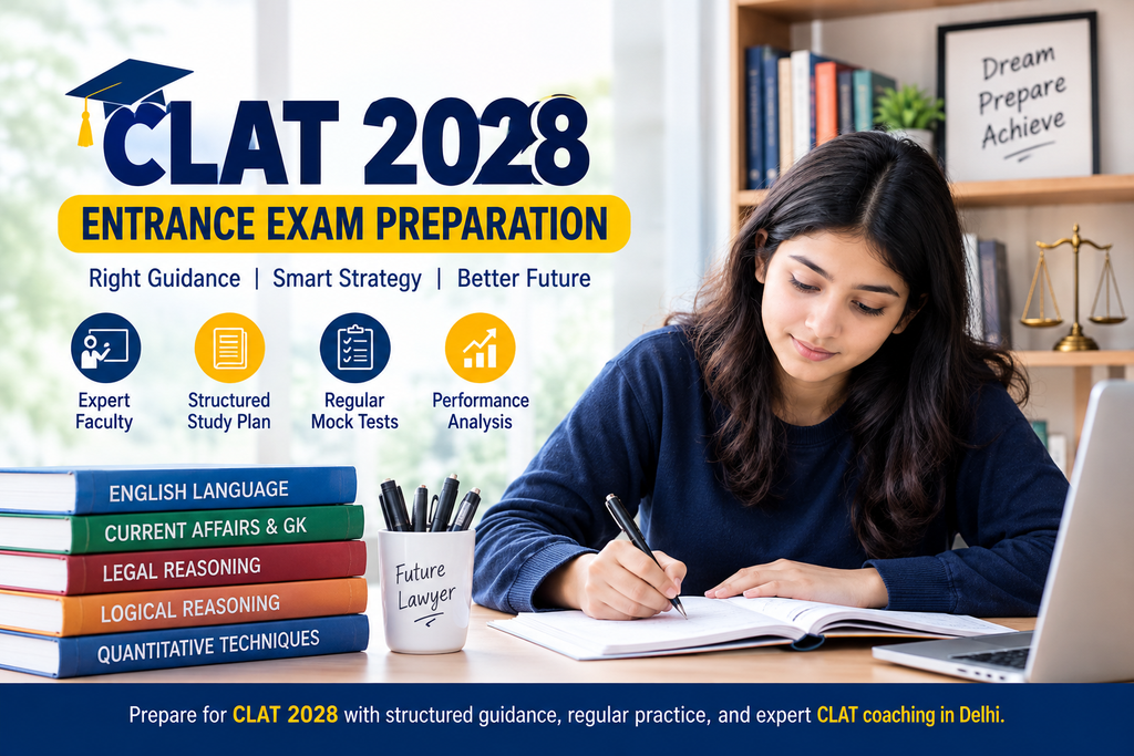 CLAT 2028 entrance exam preparation with expert guidance, structured study plans, mock tests, and CLAT classes in Delhi.
