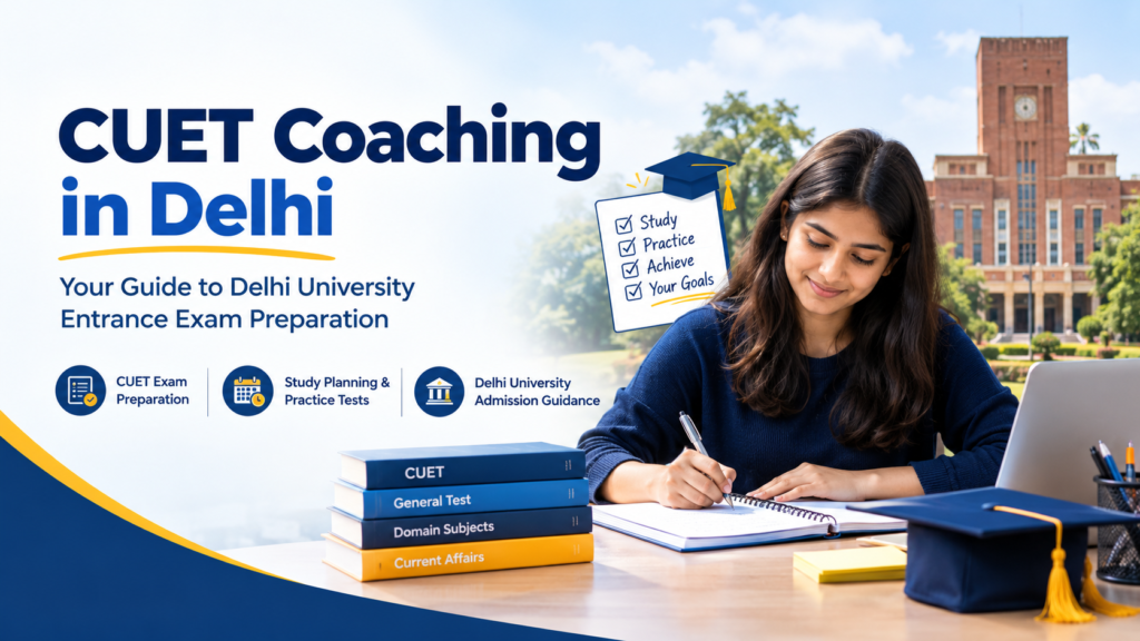 Indian student preparing for CUET with books, notebook, and laptop for Delhi University admission.